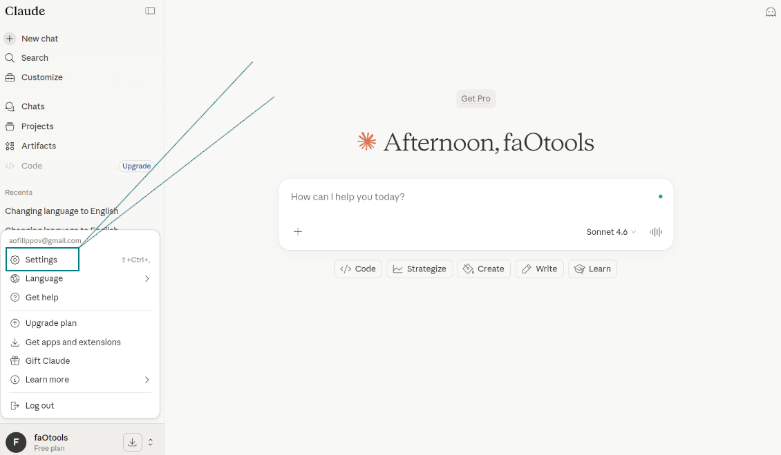 The Claude AI sidebar interface with the user profile menu open and the 'Settings' option highlighted.
